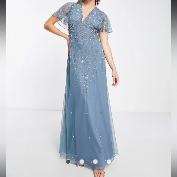 ASOS DESIGN flutter sleeve maxi dress with trailing floral embellishment in blue - Picture 6 of 6